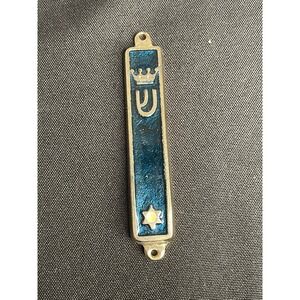 Vintage Mezuzah Case Brass Blue Enamel Star Crown Hebrew Letter Shin